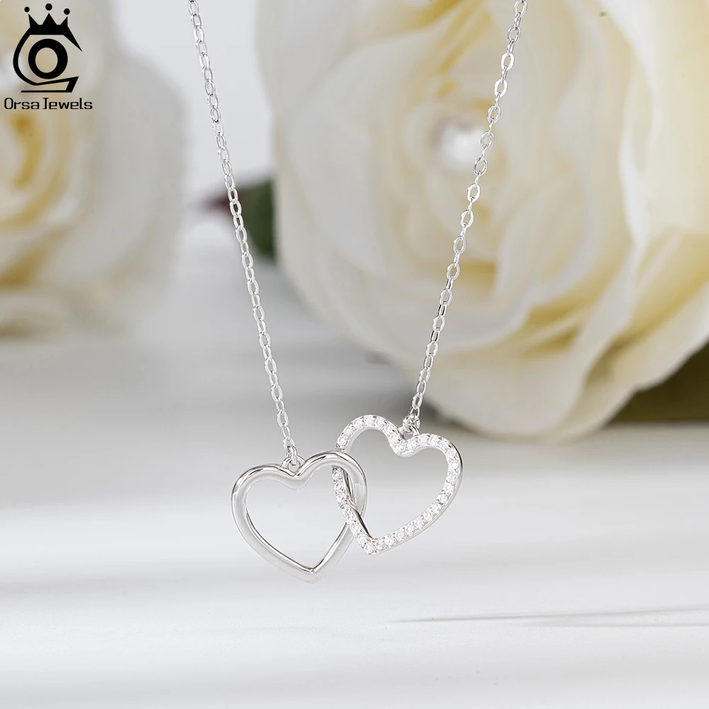 ORSA JEWELS 925 Ayar Gümüş Çift Aşk Kalp Kolye Moda CZ Kolye Kadınlar için Yıldönümü doğum günü hediyesi Takı SN340 - 3