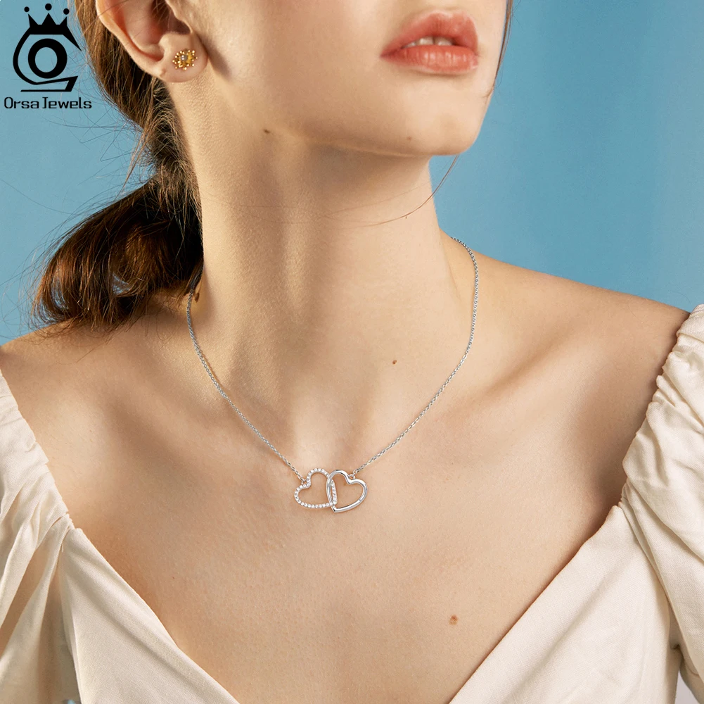 ORSA JEWELS 925 Ayar Gümüş Çift Aşk Kalp Kolye Moda CZ Kolye Kadınlar için Yıldönümü doğum günü hediyesi Takı SN340 - 4