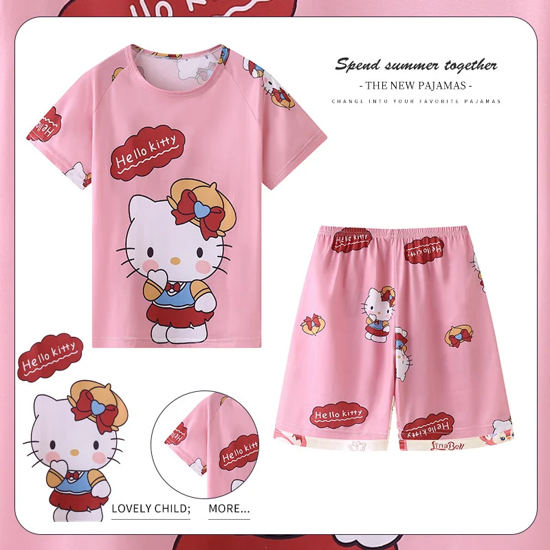 Kawaii Kuromi Hello Kitty Sanrio Kısa Kollu Pijama Takım Elbise Sevimli Karikatür Cinnamoroll Yaz Ev Giysileri Iki Parçalı Set çocuk için oyuncak - 1