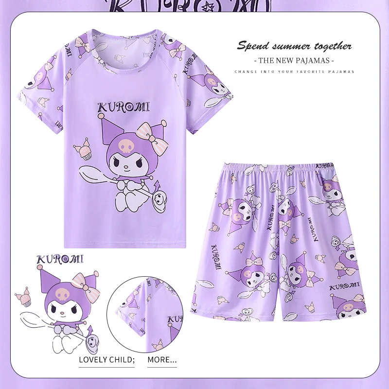 Kawaii Kuromi Hello Kitty Sanrio Kısa Kollu Pijama Takım Elbise Sevimli Karikatür Cinnamoroll Yaz Ev Giysileri Iki Parçalı Set çocuk için oyuncak - 2