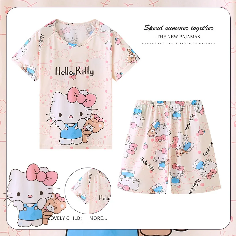 Kawaii Kuromi Hello Kitty Sanrio Kısa Kollu Pijama Takım Elbise Sevimli Karikatür Cinnamoroll Yaz Ev Giysileri Iki Parçalı Set çocuk için oyuncak - 3