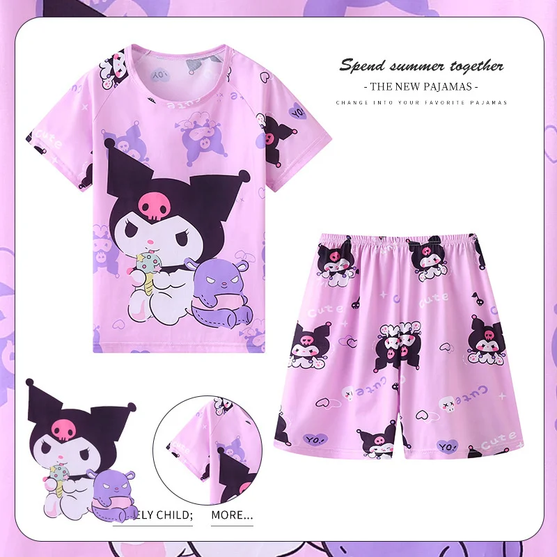 Kawaii Kuromi Hello Kitty Sanrio Kısa Kollu Pijama Takım Elbise Sevimli Karikatür Cinnamoroll Yaz Ev Giysileri Iki Parçalı Set çocuk için oyuncak - 4