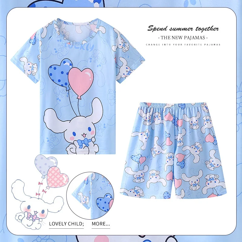 Kawaii Kuromi Hello Kitty Sanrio Kısa Kollu Pijama Takım Elbise Sevimli Karikatür Cinnamoroll Yaz Ev Giysileri Iki Parçalı Set çocuk için oyuncak - 5