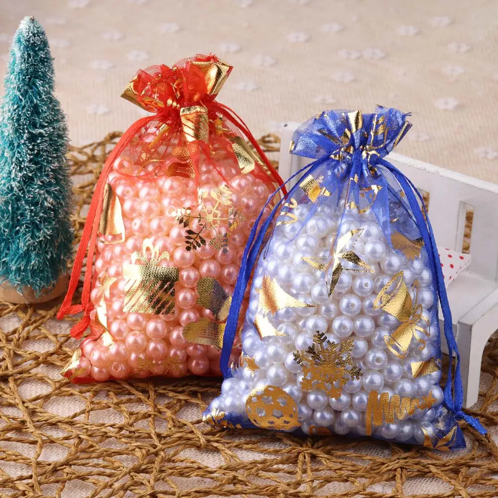 50 adet / grup 10x14cm Noel Organze çanta Çeşitli Altın Rengi Gümüş Renk Kar Tanesi Desenleri Şeker Takı Mağazası Hediye Keseleri - 2