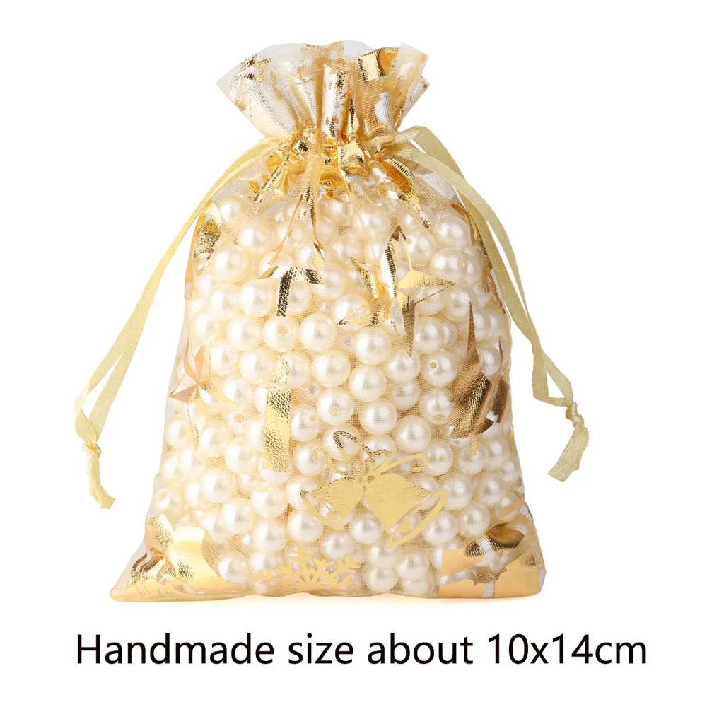50 adet / grup 10x14cm Noel Organze çanta Çeşitli Altın Rengi Gümüş Renk Kar Tanesi Desenleri Şeker Takı Mağazası Hediye Keseleri - 5