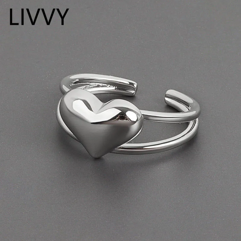 LIVVY Gümüş Renk Yeni Varış Pürüzsüz Kalp Şekli Çift Katmanlı Yüzük Kadınlar ıçin Basit Moda Zarif Charm Takı Aksesuarları - 1