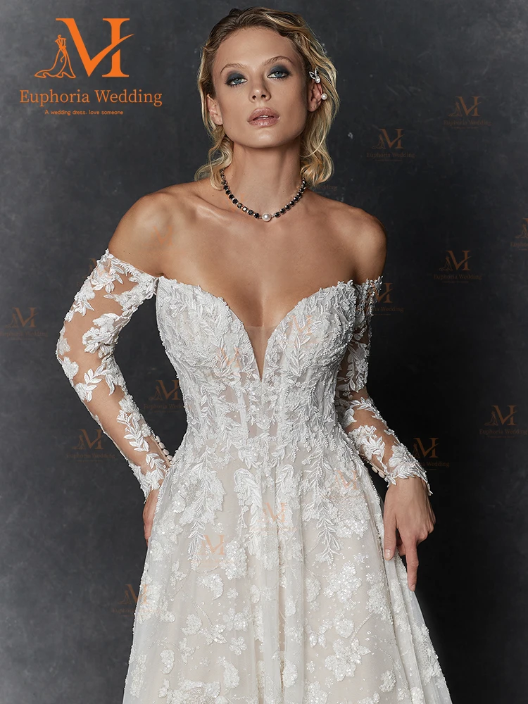 Düğün elbisesi Vestido De Noiva Robe Kadın Casamento Parti Boda Gelin Mariage Kapalı Omuz Tül A-line Elbise Uzun Kollu - 4