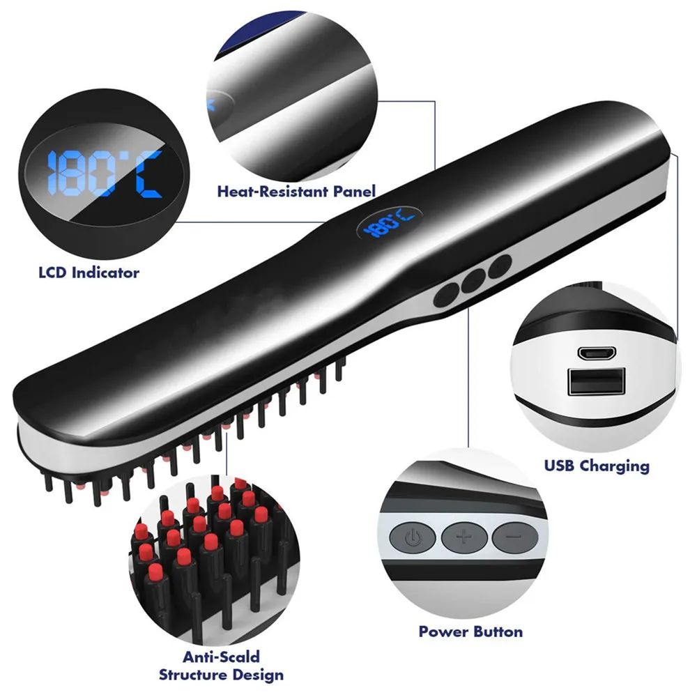USB Kablosuz Şarj Elektrikli saç fırçaları Düz Tarak Anti-haşlanma Güçlendirici Erkekler ve Kadınlar Doğrultma Sakal Tarakları - 3