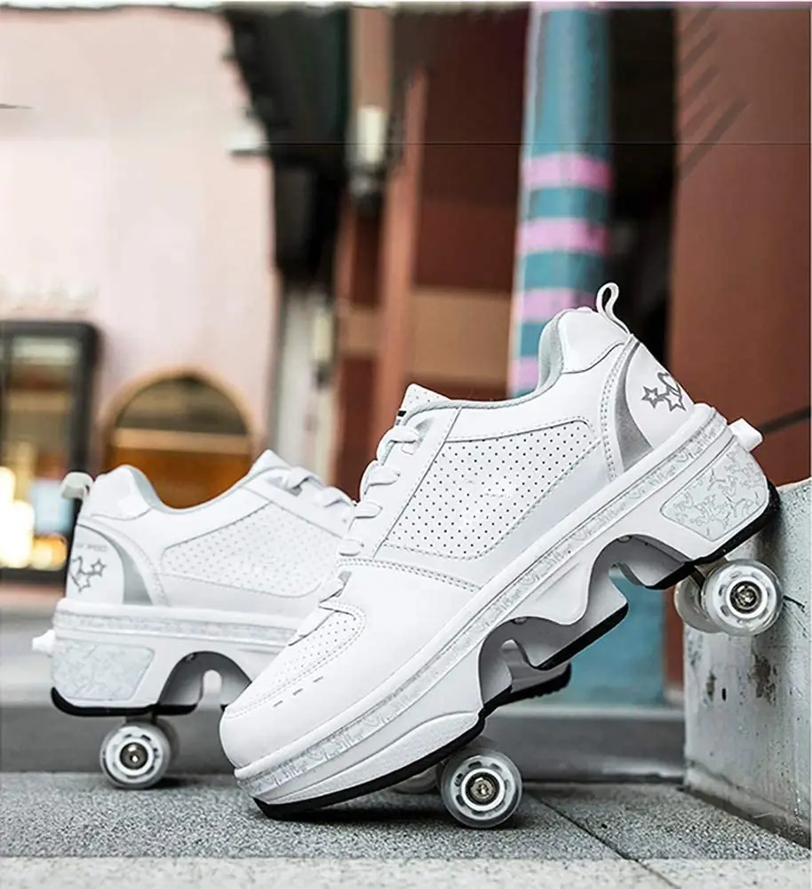 Deforme Tekerlek Çift Sıralı Sneakers 4 Tekerlekler Nefes Paten Rulo Ayakkabı Yürüyüş Görünmez Kasnak Deformasyon Rulo - 1