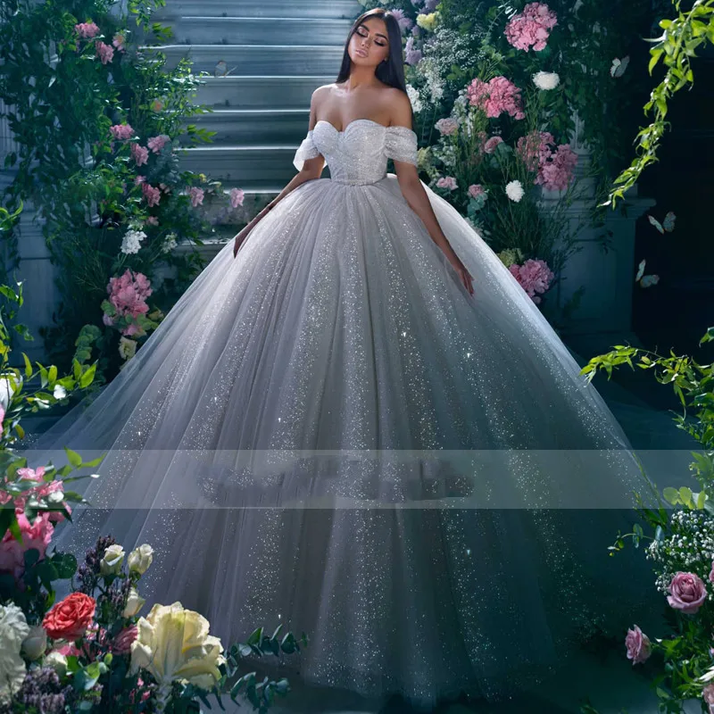 On Zhu Muhteşem Kapalı Omuz Sparkly Balo Gelinlik 2024 Romantik Sevgiliye Pileli Tül Prenses gelin kıyafeti - 1