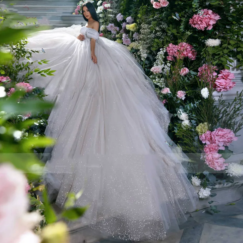 On Zhu Muhteşem Kapalı Omuz Sparkly Balo Gelinlik 2024 Romantik Sevgiliye Pileli Tül Prenses gelin kıyafeti - 2