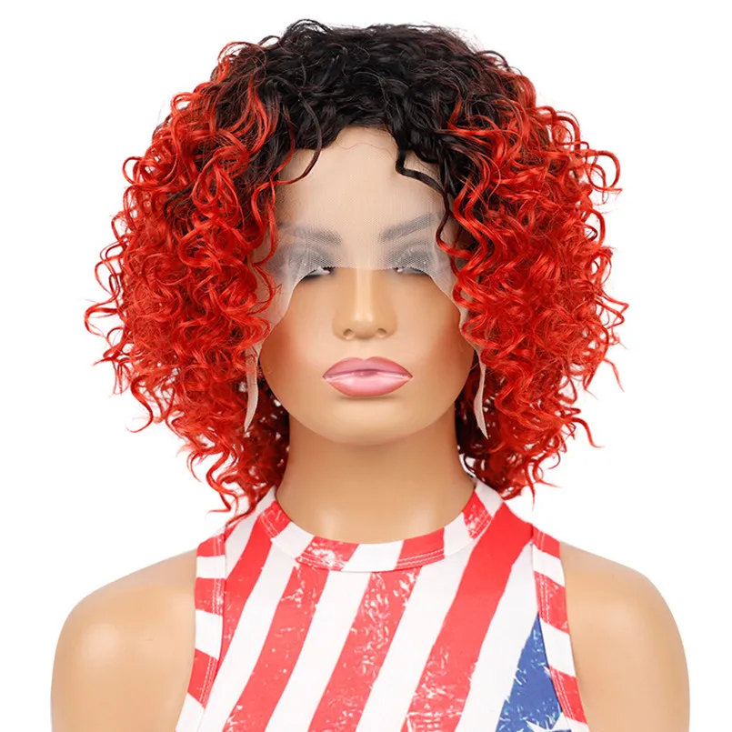 OUCEY Sentetik Saç Kıvırcık Dalga Peruk Kadınlar için Kısa Peruk Kadın # 27 Siyah Kırmızı kahküllü peruk İsıya Dayanıklı Kıvırcık Peruk Kadın - 4