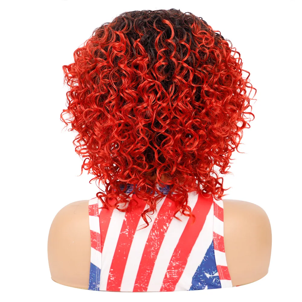 OUCEY Sentetik Saç Kıvırcık Dalga Peruk Kadınlar için Kısa Peruk Kadın # 27 Siyah Kırmızı kahküllü peruk İsıya Dayanıklı Kıvırcık Peruk Kadın - 5