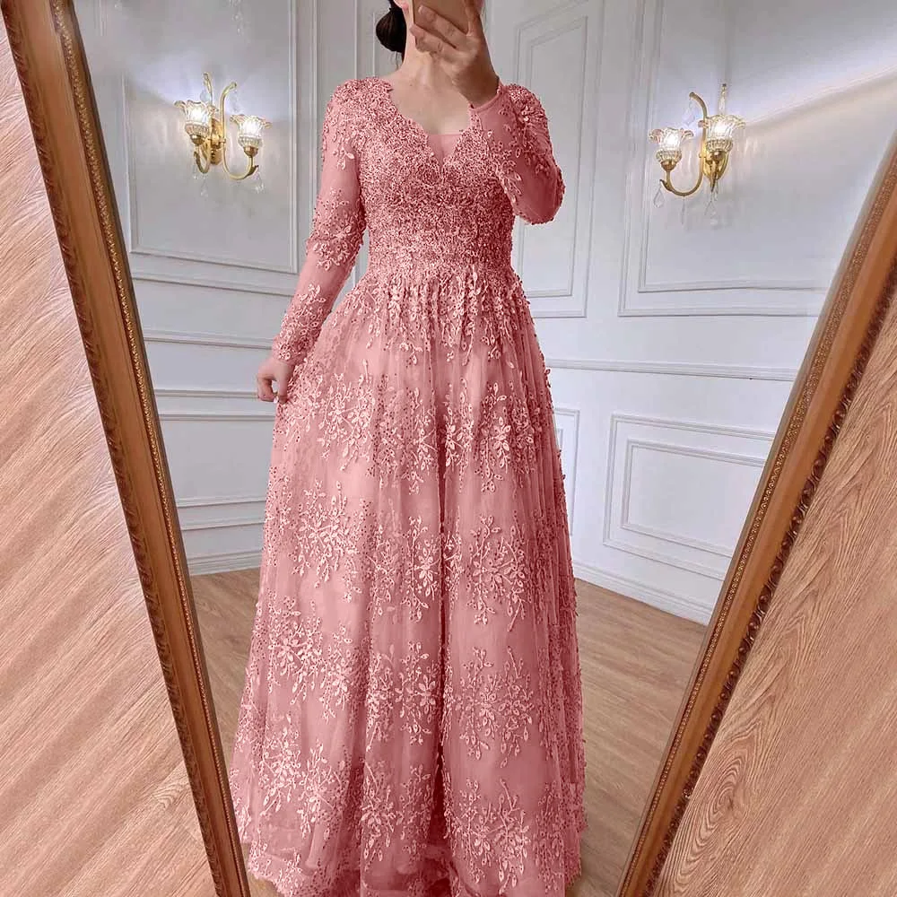 2023 Pembe Dantel Uzun Kollu anne Gelin Törenlerinde Zarif düğün elbisesi Vestido De Novia Elbise V Boyun Akşam Elbise A-Line - 1
