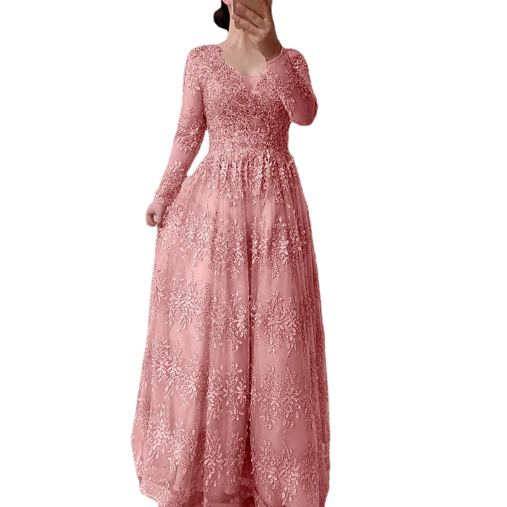 2023 Pembe Dantel Uzun Kollu anne Gelin Törenlerinde Zarif düğün elbisesi Vestido De Novia Elbise V Boyun Akşam Elbise A-Line - 4
