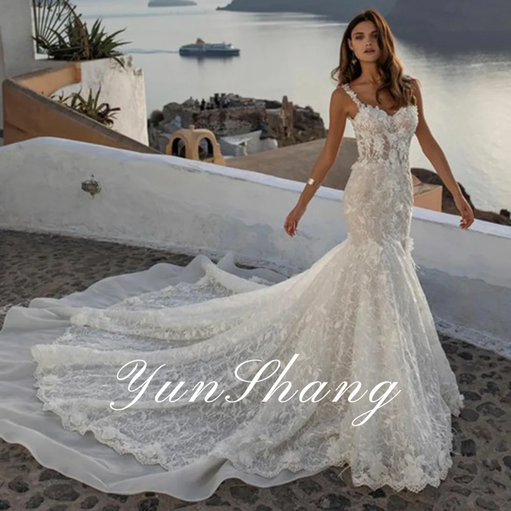YunShang Plaj V Yaka düğün elbisesi Kolsuz Tül Dantel Aplikler Seksi Mermaid Gelin Kıyafeti Backless Pleats Tren robe de mariée - 3
