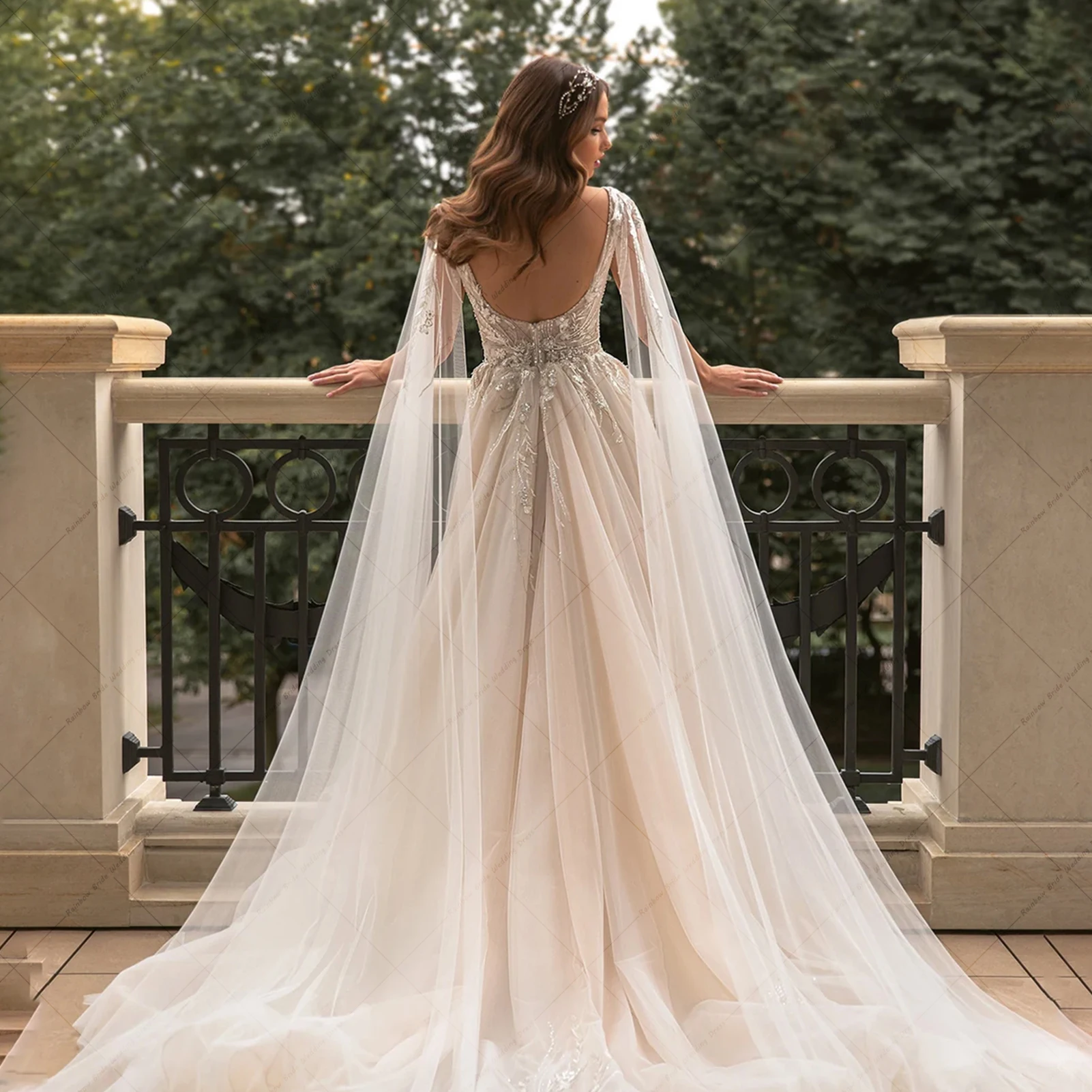 Parlak Kristal Aplike düğün elbisesi Gelin İçin Seksi Sheer Boyun Tren Aç Geri gelin kıyafeti Fermuar Yan Yarık Vestido De Noiva - 1