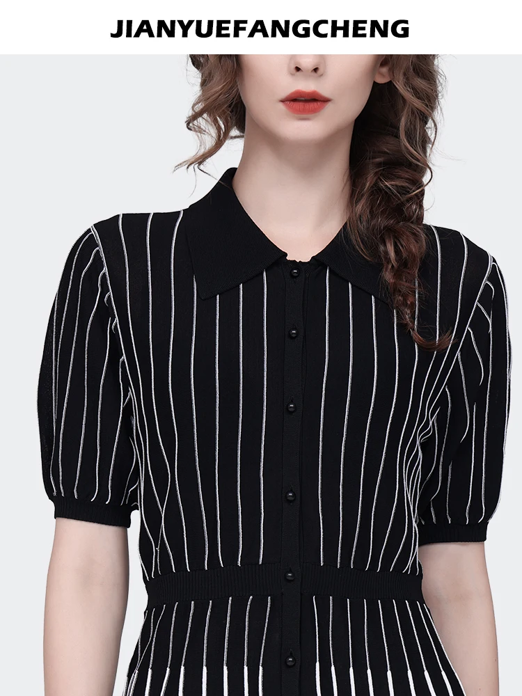 Moda Kadın Yaz Kısa Kollu İnce Siyah Çizgili Örme Gömlek POLO Boyun İnce Cinched Bel tek göğüslü Üstleri - 4