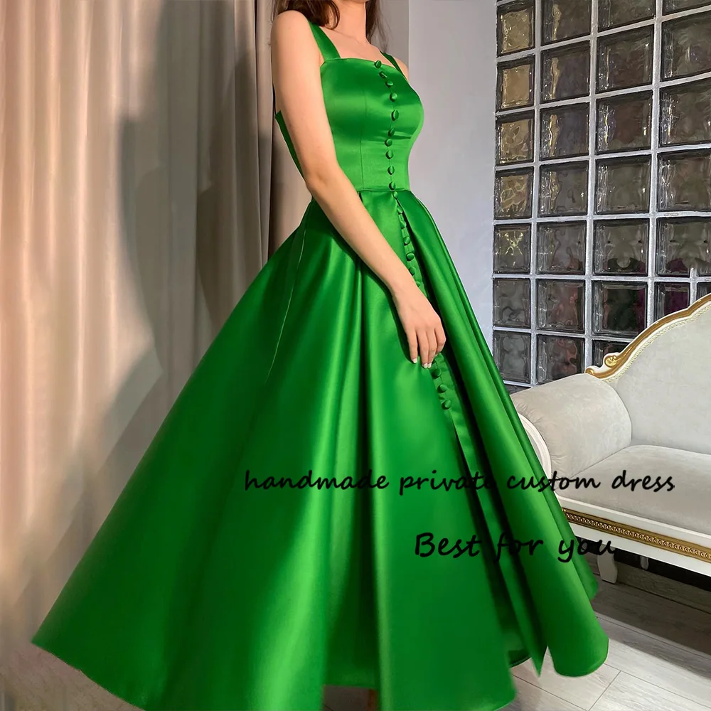 Yeşil Saten Bir Çizgi Abiye Ön Bölünmüş Düğmeler Kare Boyun Kadın Resmi Elbise Ayak Bileği Uzunluğu Durum Parti Balo Abiye - 0