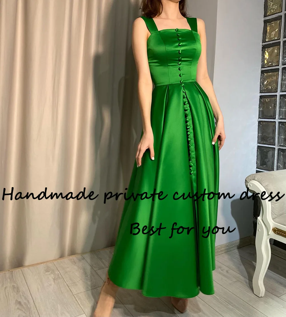 Yeşil Saten Bir Çizgi Abiye Ön Bölünmüş Düğmeler Kare Boyun Kadın Resmi Elbise Ayak Bileği Uzunluğu Durum Parti Balo Abiye - 2