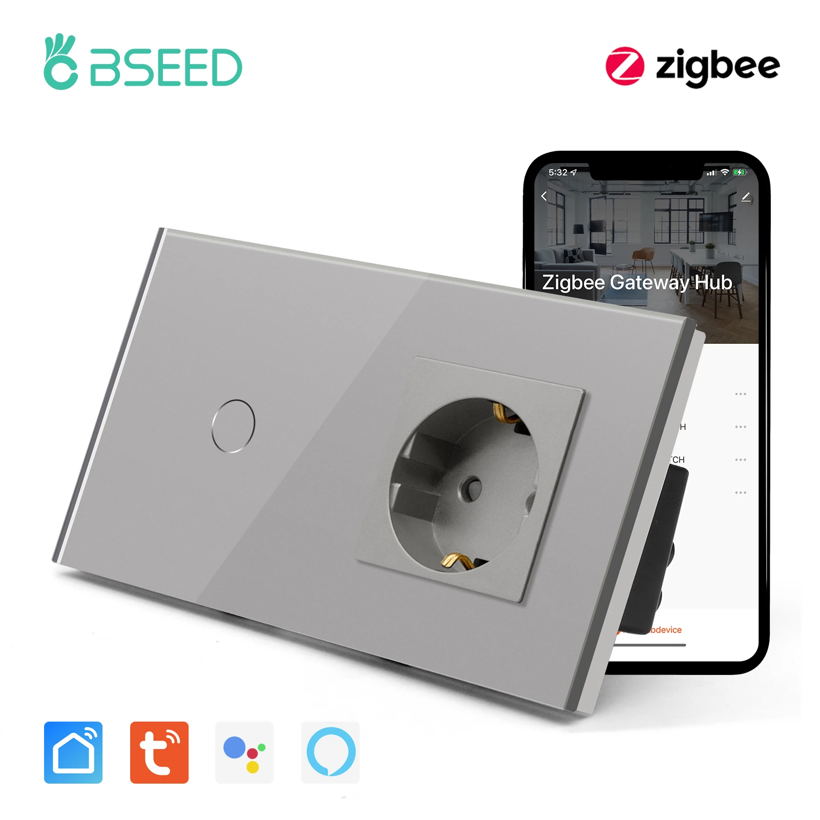 BSEED ZigBee İşık Dokunmatik Anahtarı Tuya Akıllı Sensör Anahtarları Google Alexa Akıllı Yaşam App Kontrolü Artı Normal AB Elektrik Prizi - 0