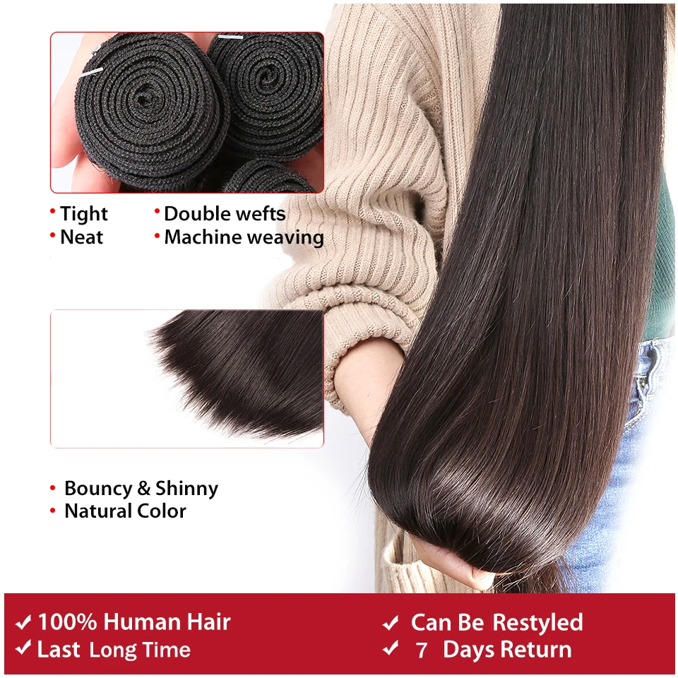 FASHOW 30 32 34 36 40 inç perulu saç ekleme Ipeksi Düz Saç Demetleri Doğal Renk insan saçı örgüsü Remy Saç Atkı - 1
