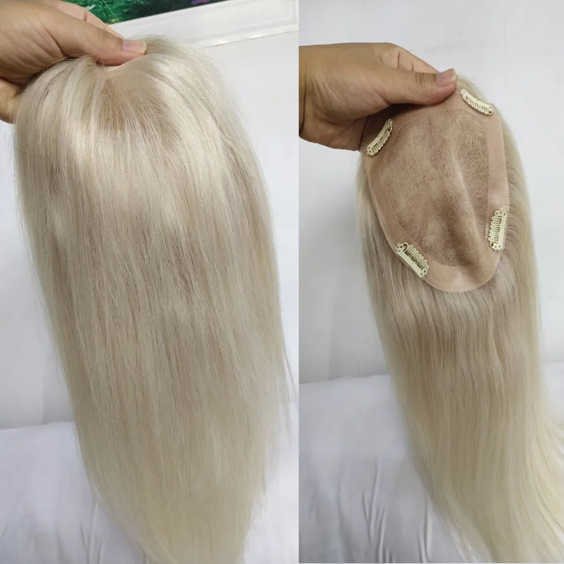 60 # Renk Sarışın Taç Topper Mono saç parçası Kadınlar İçin Klip İle El Yapımı Remy gerçek insan saçı peruk İnceltme İçin Saç - 1