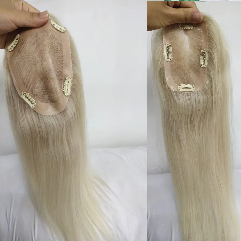 60 # Renk Sarışın Taç Topper Mono saç parçası Kadınlar İçin Klip İle El Yapımı Remy gerçek insan saçı peruk İnceltme İçin Saç - 2