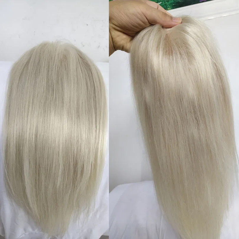 60 # Renk Sarışın Taç Topper Mono saç parçası Kadınlar İçin Klip İle El Yapımı Remy gerçek insan saçı peruk İnceltme İçin Saç - 3
